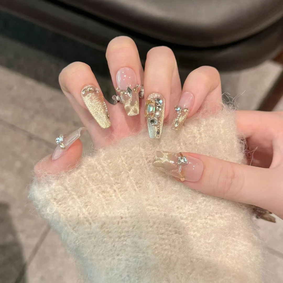 D【浮光跃影】纯手工高奢美甲金色水波纹猫眼亮色穿戴甲美甲片