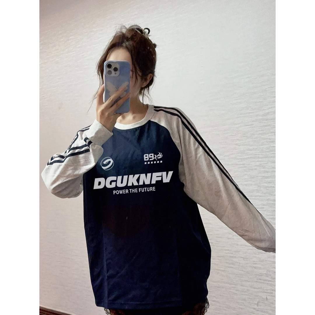 Labzaa创意字母印花插肩三条杠长袖春款纯棉打底T恤内搭上衣女