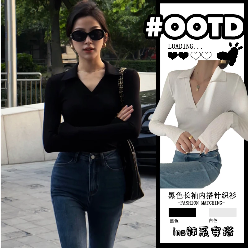 黑色长袖内搭螺纹棉polo领打底衫女秋冬茶里茶气修身显瘦翻领上衣