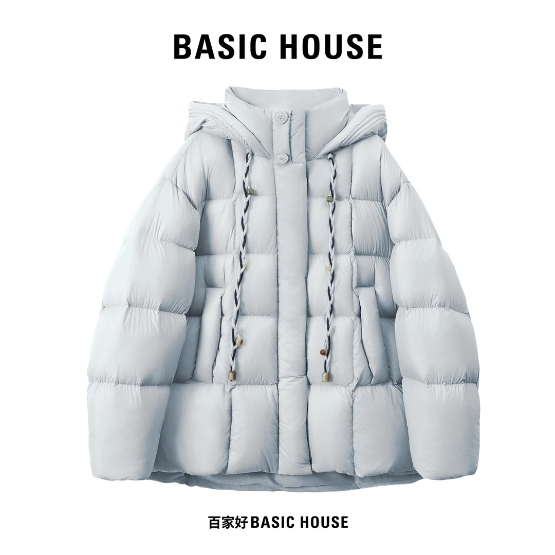 Basic House/百家好抽绳厚款羽绒服女2025新款连帽拉链面包服外套