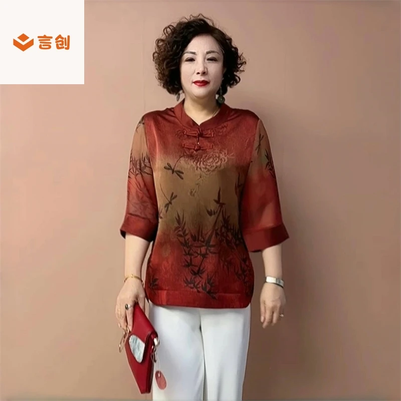 307夏季复古国风盘扣中老年妈妈真丝T恤衬衫宽松遮肉大码时尚套装