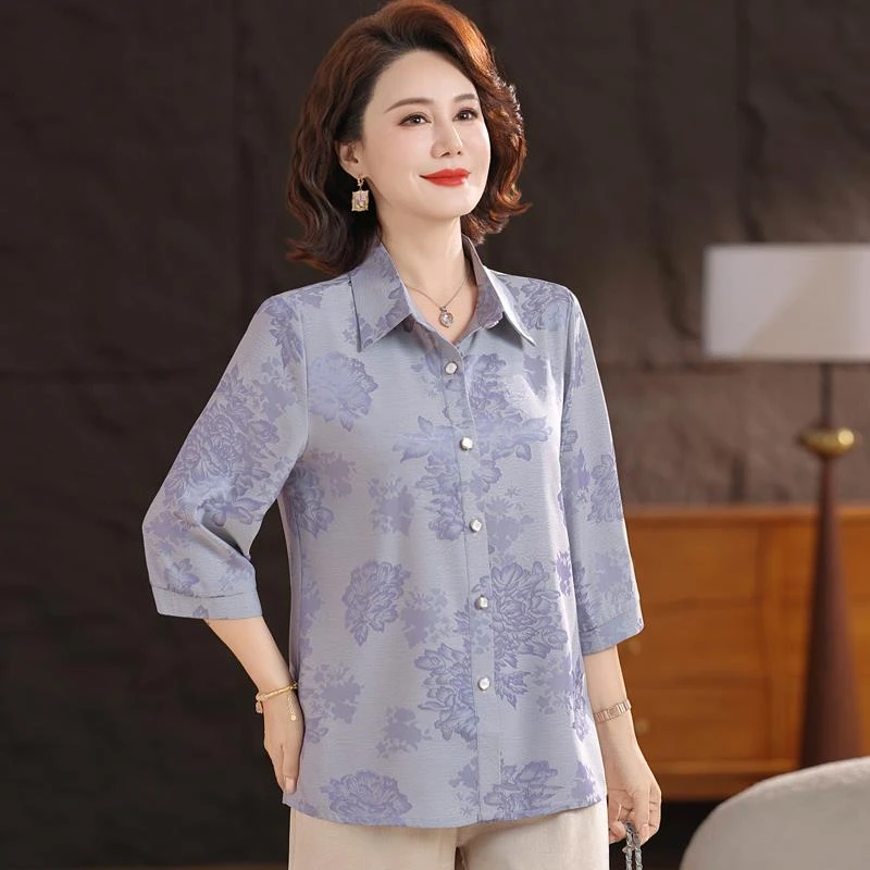 俞兆林妈妈夏装洋气印花衬衫2025款中老年女夏季七分袖小衫上衣大