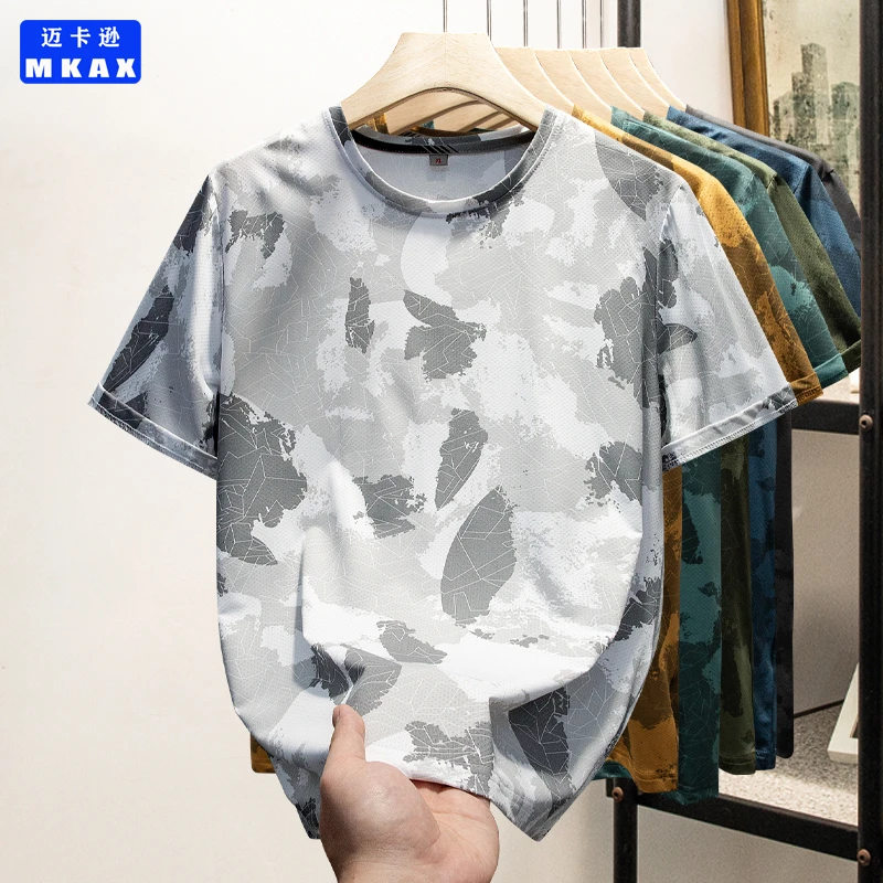 夏季新款冰丝短袖男士潮牌宽松大码百搭时尚印花速干运动跑步T恤