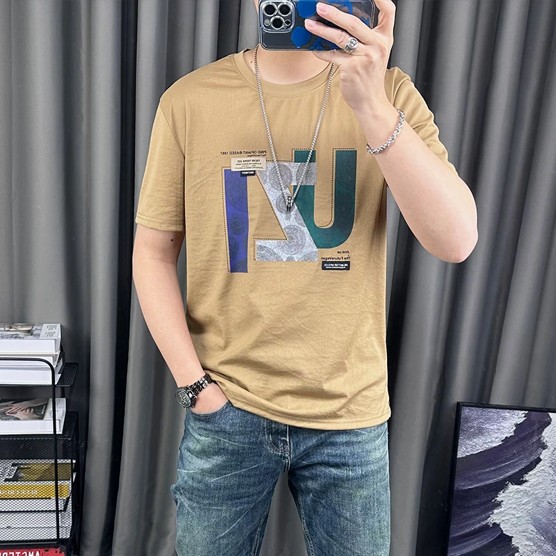 休闲字母印花短袖t恤男夏季新款薄款半袖t百搭棉仿麻圆领体恤上衣
