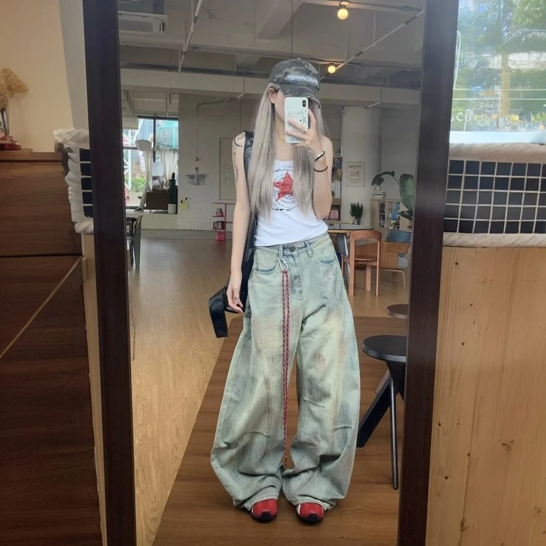 【送挂绳】新款美式做旧脏脏水洗牛仔裤男女高街宽松直筒阔腿长裤子