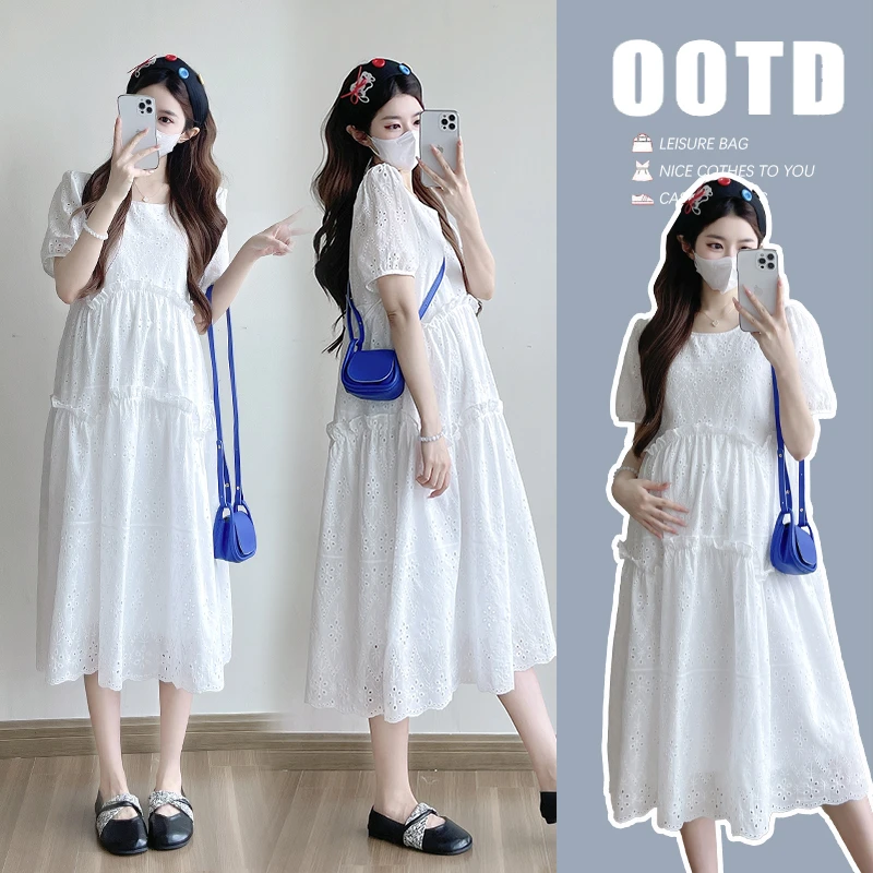 2025孕妇装刺绣连衣裙法式甜美夏季小个子气质减龄短袖显瘦时尚