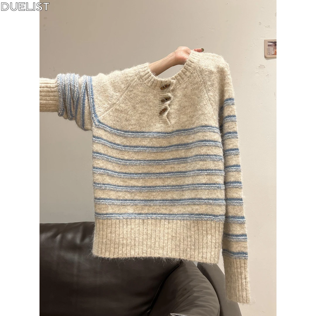 DUELIST米半开领长袖内搭针织衫女年秋季新款条纹打底衫毛衣上衣