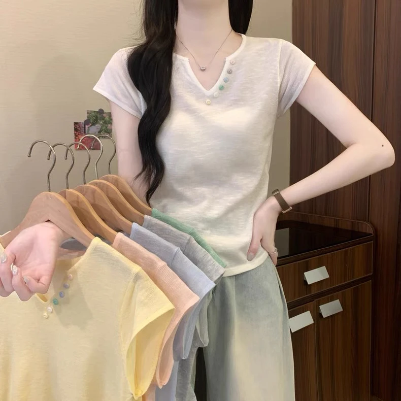 宽松型不规则褶皱短袖女装V领夏季修身纯色毛针织衫