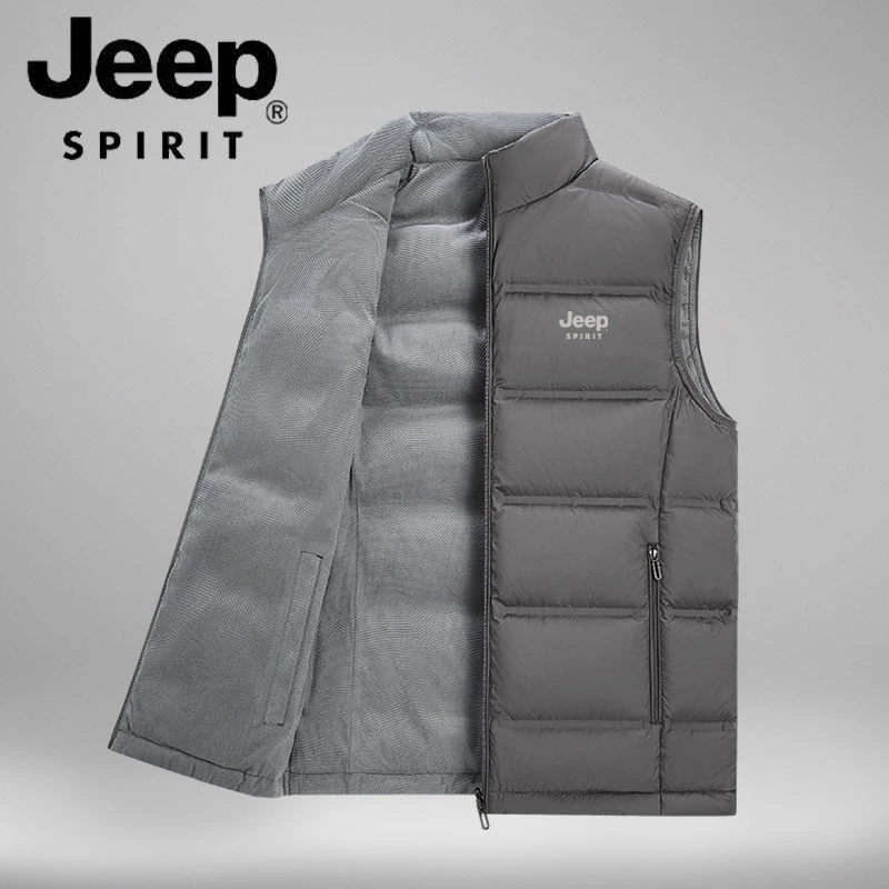 JEEP吉普秋冬羽绒背心男士保暖双面穿马甲宽松型休闲运动立领外套