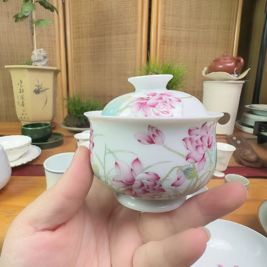 盖碗陶珐琅彩荷花