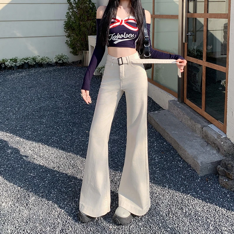 喇叭牛仔裤女高腰宽松大码设计感阔腿微喇拖地裤子显瘦白色修身