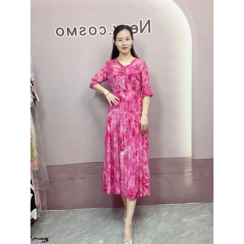 【深圳南油沐溪女装】新款夏季桑蚕丝法式碎花气质显瘦长款连衣裙