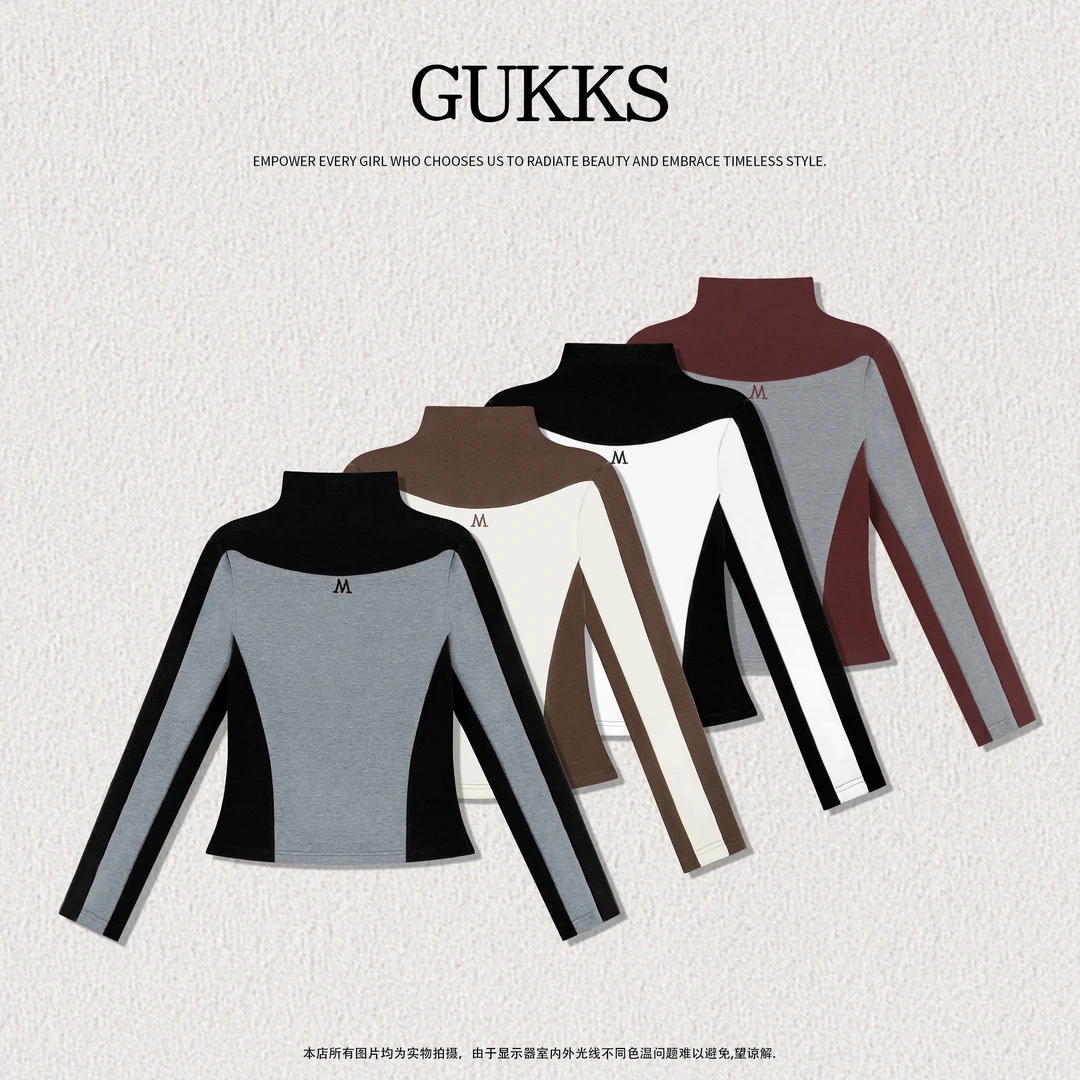 GUKKS『温柔可视』设计师秋冬拼色半高领加绒保暖舒适打底衫