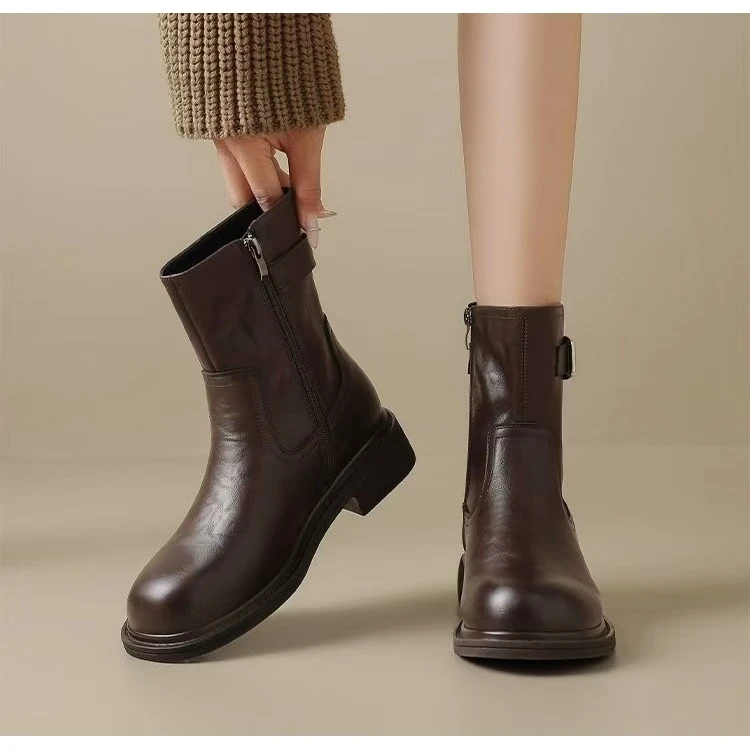 美拉德靴2024新款冬季厚底棕色马丁靴复古中筒靴短靴皮靴G11-6869