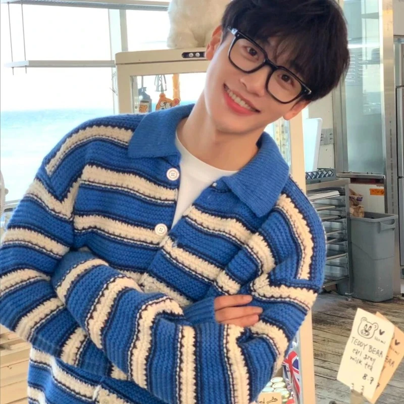 LIGGICC 早秋条纹拼色针织衫男韩版宽松痞帅外套设计感开衫毛衣潮