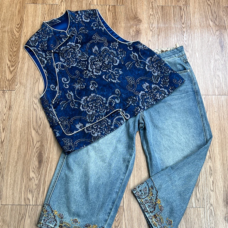 新中式手工盘扣提花设计感减龄背心秋季国风百搭气质无袖马甲牛仔