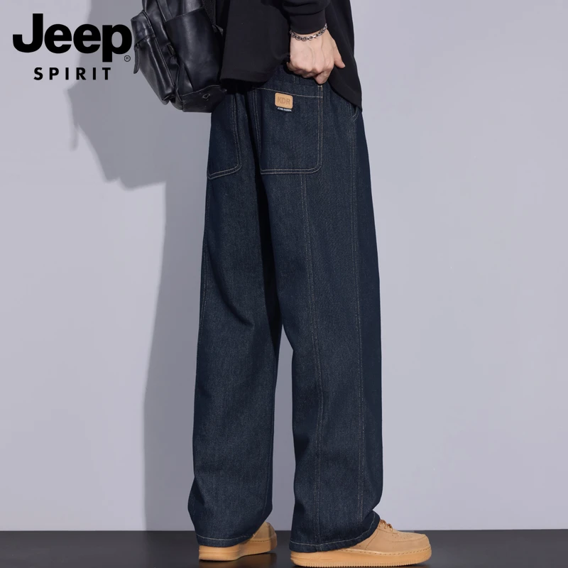 JEEPSPIRIT吉普潮牌牛仔裤加绒男士复古冬季直筒男款宽松裤子男
