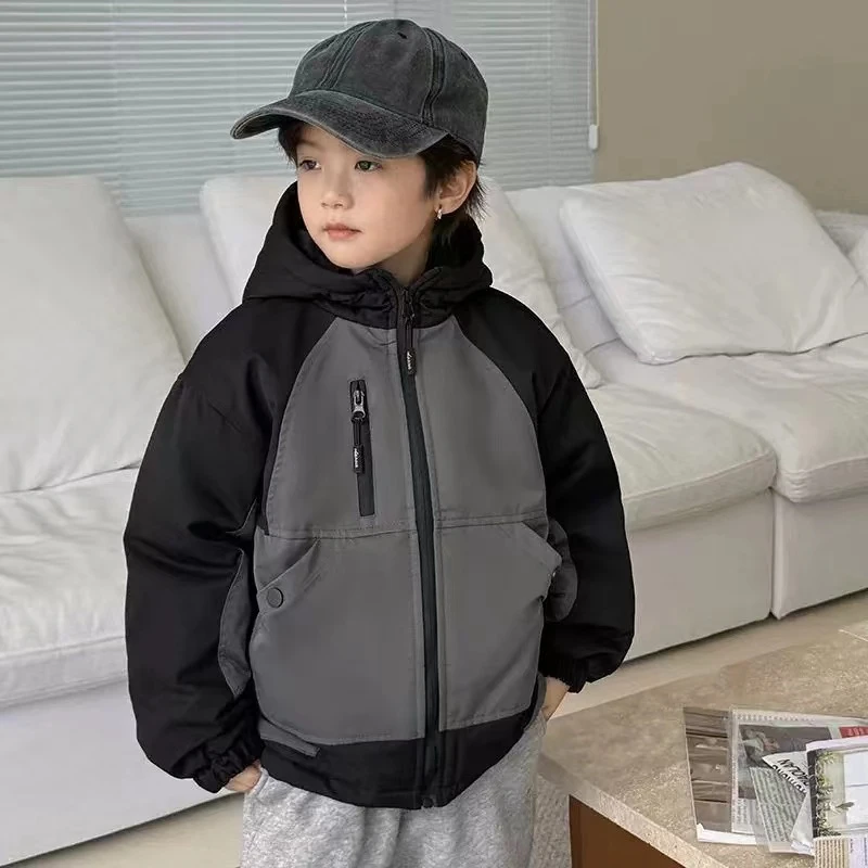 儿童2025春季新款时尚百搭拼色工装连帽带棉户外外套B0125