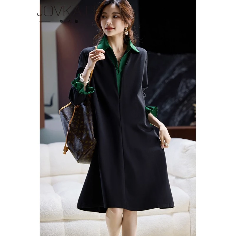 卓卡缇休闲假两件黑色连衣裙女2025年早秋新款宽松中裙大码女装