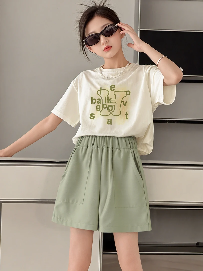 2025年童装套装夏季新款女童女宝印花绿色短裤套装YNQJ0090