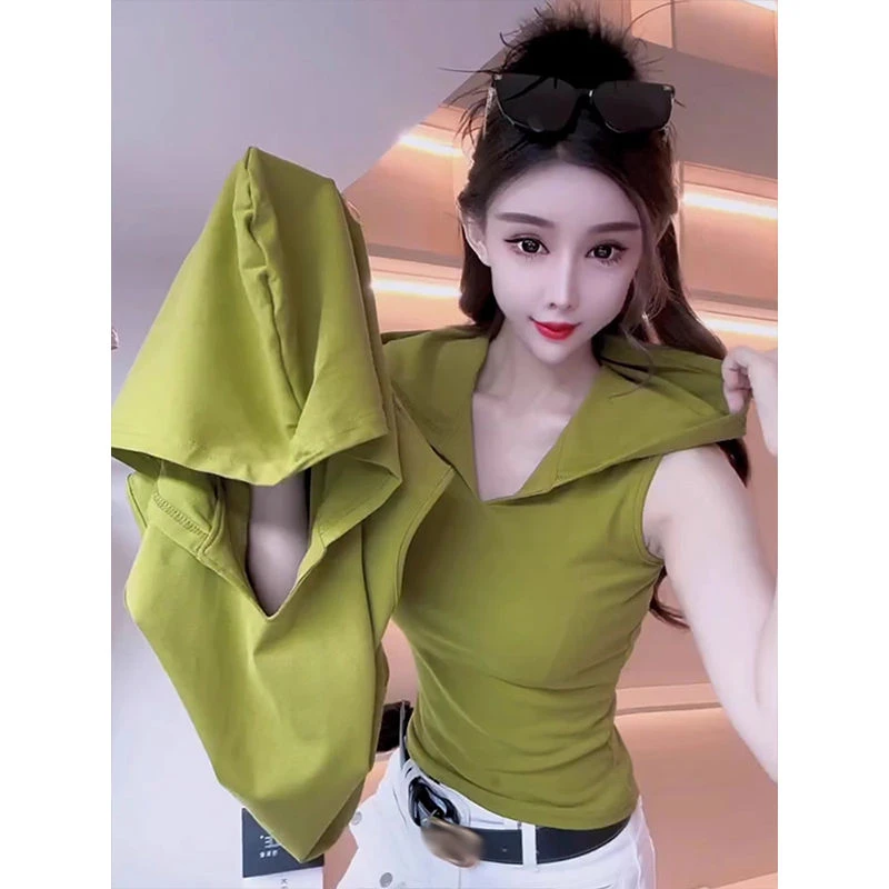 爆款辣妹性感V领连帽无袖背心T恤女2025夏季新款修身显瘦短款上衣