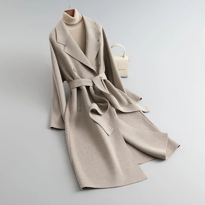 双面绒大衣女新款秋冬季气质中长款过膝赫本高级毛呢子中长款外套