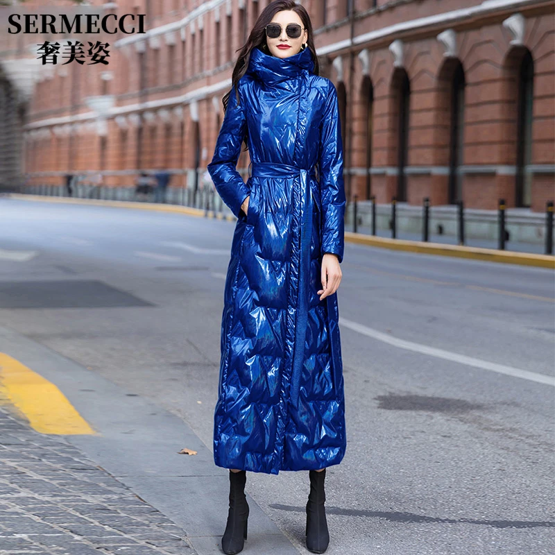 高端蓝色亮面羽绒服女2025年新款冬季高级感到脚踝长款修身外套