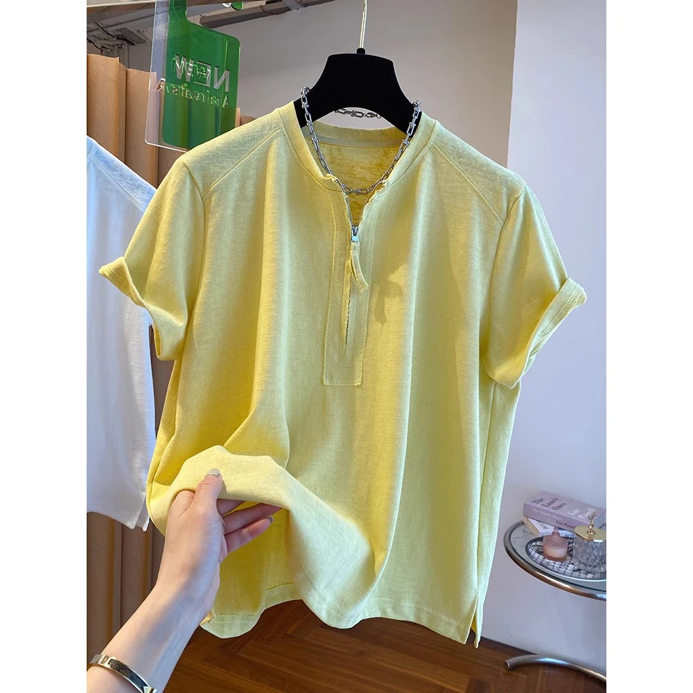 胖妹妹240斤大码高级感黄色开叉半拉链t恤女短袖夏季新款宽松上衣