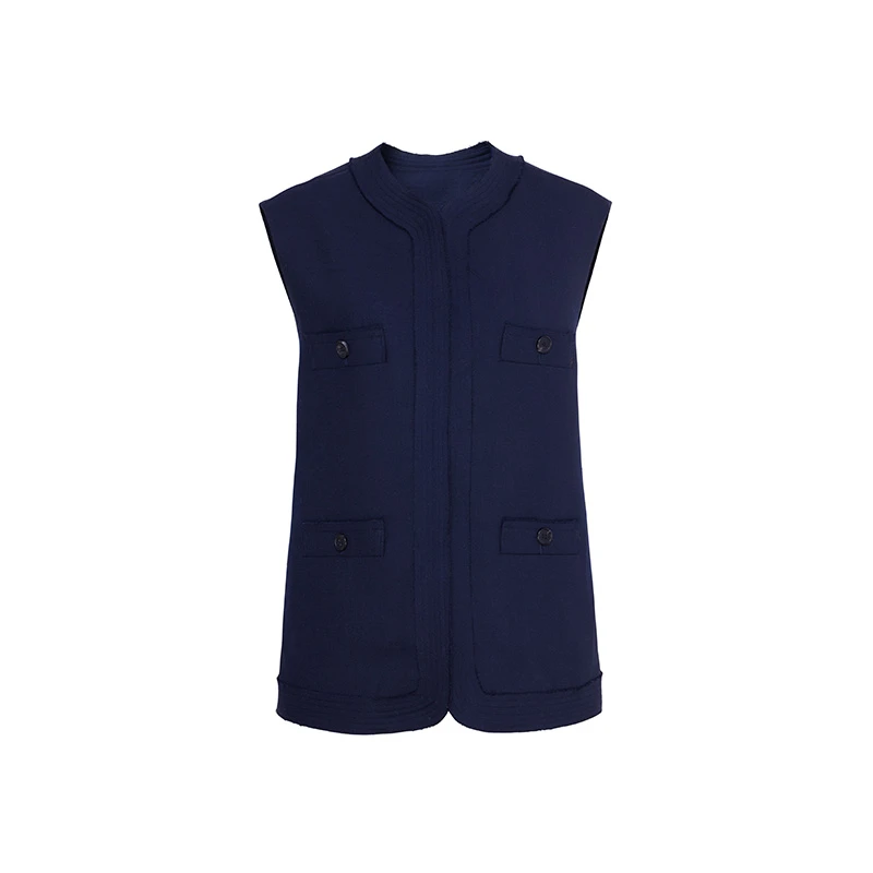 TRACYCHU秋冬新品静奢风藏青混羊毛挡肉百搭时尚纯欲无袖马甲马夹