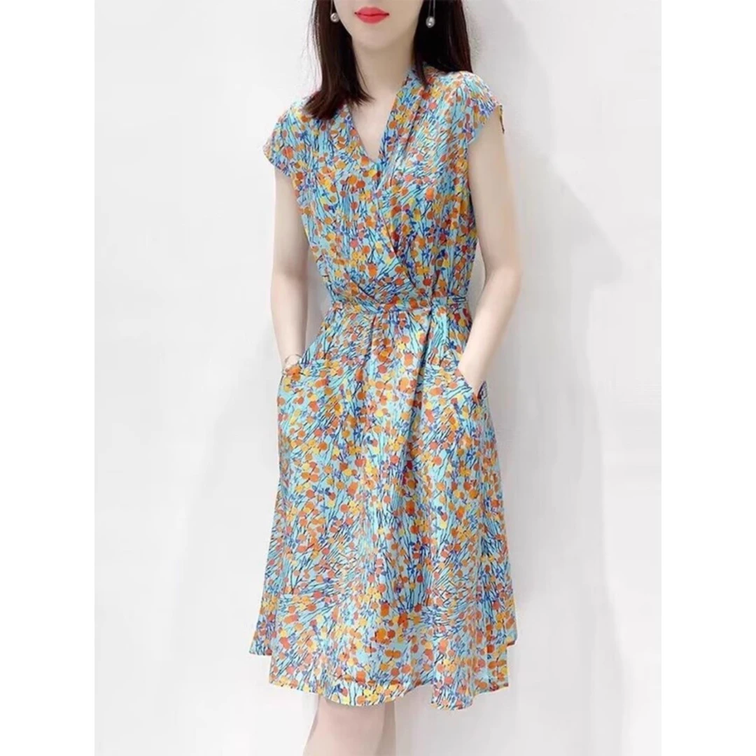 哥弟阿玛施正2025春夏季新款V领收腰雪纺碎花短袖中长款连衣裙女