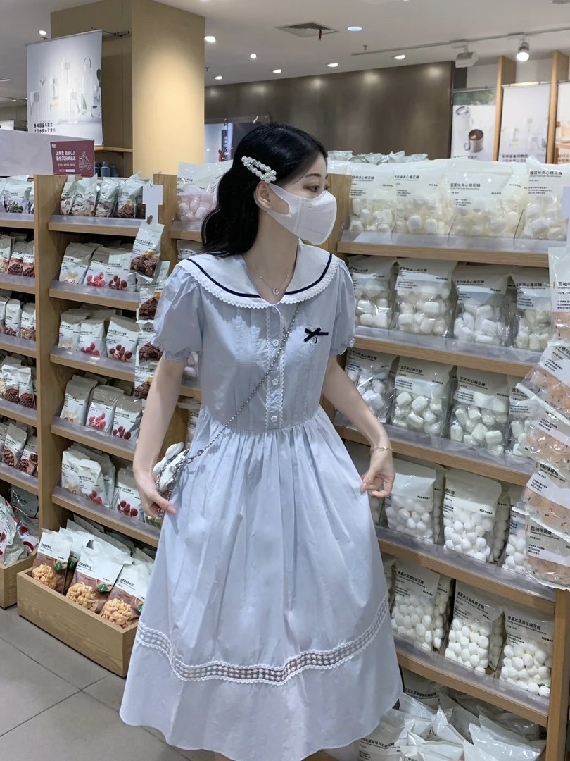 12岁百搭小清新连衣裙女大童娃娃领初中生少女孩中大胖童中长裙子