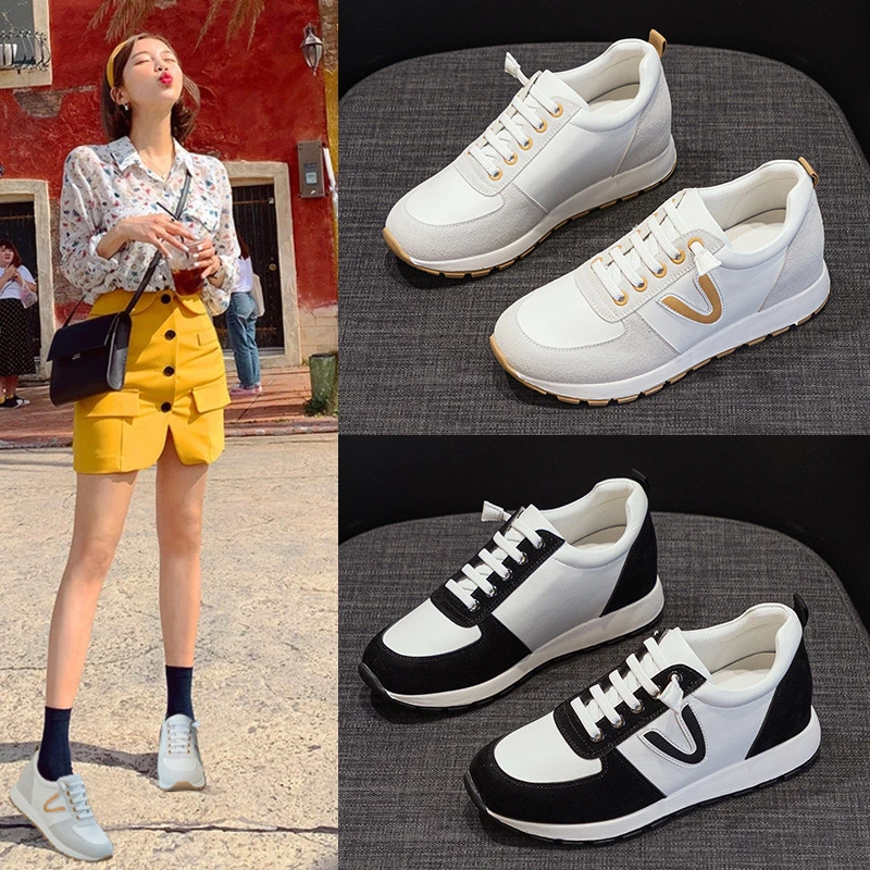 四季款韩版休闲运动女鞋2025年懒人单鞋拼色厚底圆头系带低帮女鞋