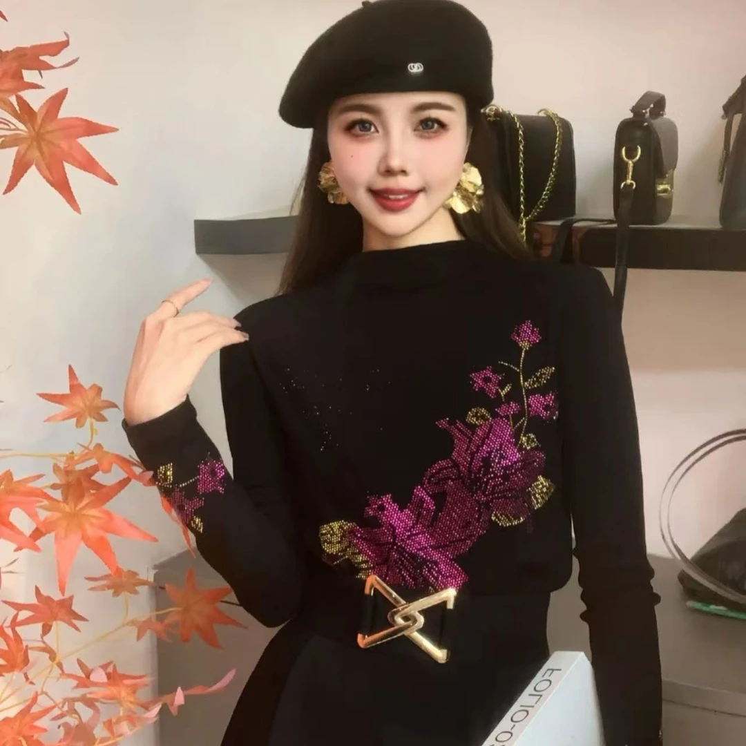 【紫枫叶加绒】秋冬新款内搭打底衫时尚烫钻上衣修身显瘦长袖权