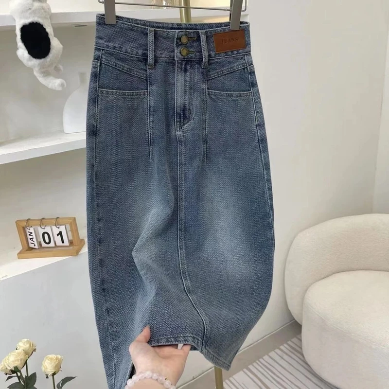 【现货+运费险】复古蓝星空纹牛仔半身裙女2025高腰显瘦后开叉a字裙