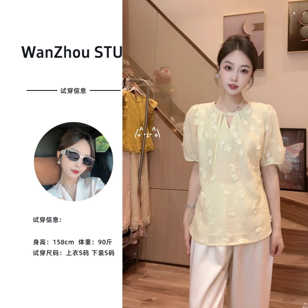 夏季新款国风遮肉显瘦蝴蝶结高档小衫