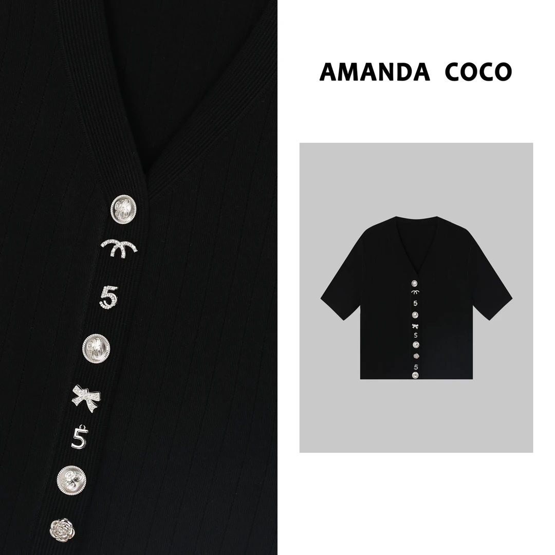 月光缪斯～2025春夏法式气质小香风v领冰感短袖针织衫29379