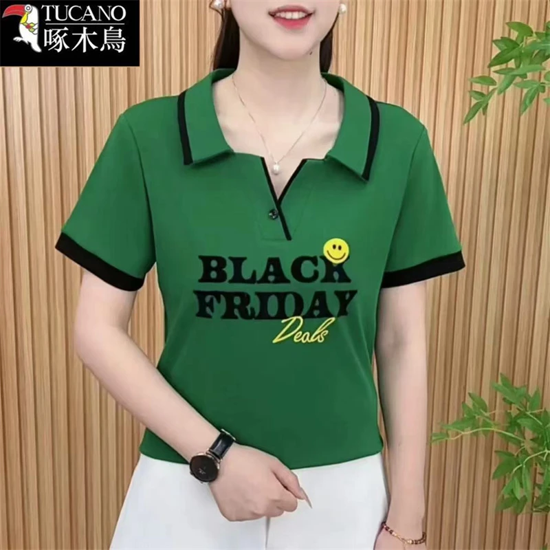 啄木鸟2025年夏季短袖气质翻领印花T恤新款韩版拼色高级感上衣女