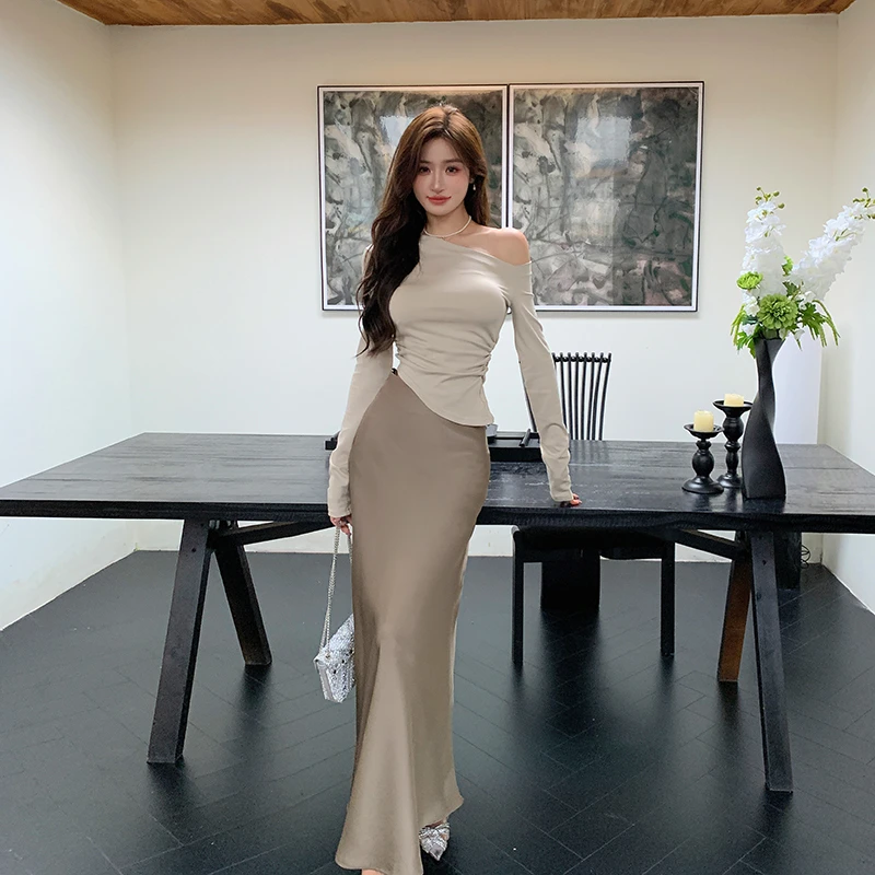 纯欲斜肩长裙显瘦上衣女两件套醋酸A字裙小众半身裙套装气质裙子