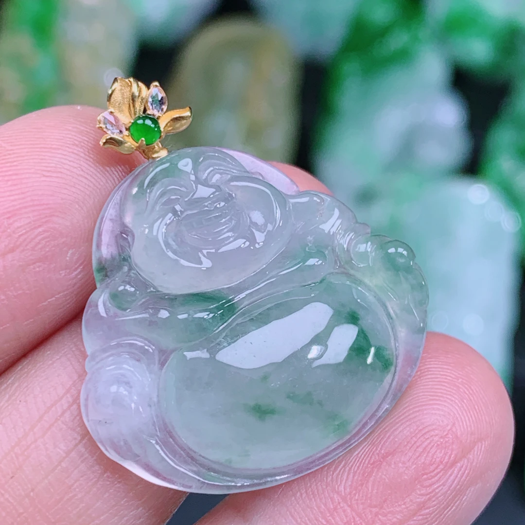 天然A货翡翠18k金镶高冰种飘绿花翡翠佛公 尺寸:34.5-30-5.6mm