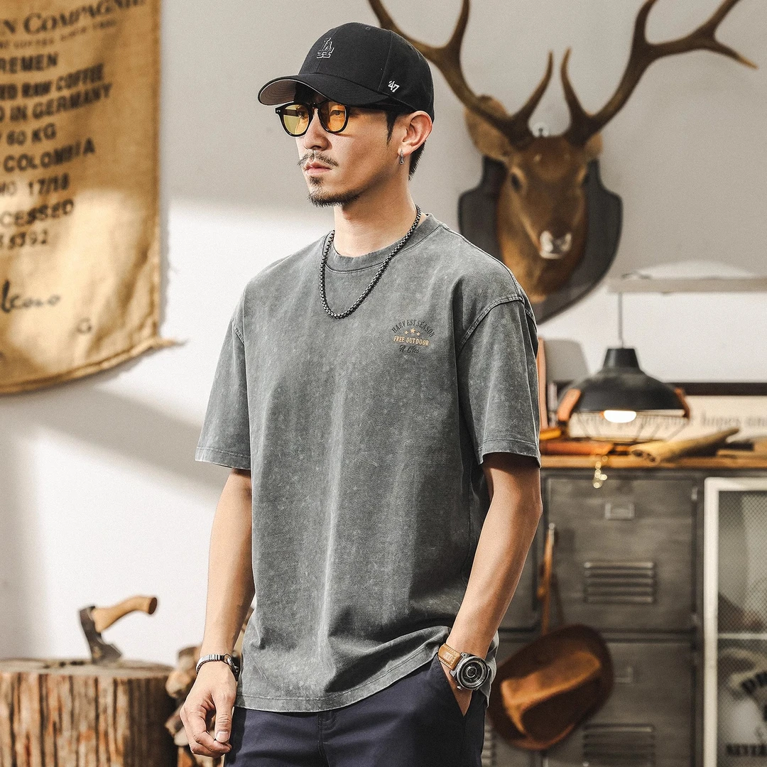 美式复古做旧水洗短袖夏季男士纯棉t恤2025新款潮牌宽松印花衣服