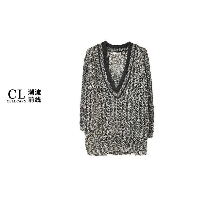 K6BB6108#春季新款薄款宽松大V领慵懒风镂空设计感新上衣针织女