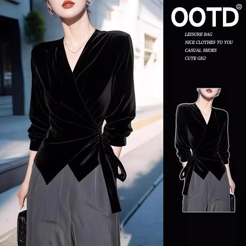 黑色高级感上衣女2025春秋季新款不规则气质设计感长袖上衣衬衫女