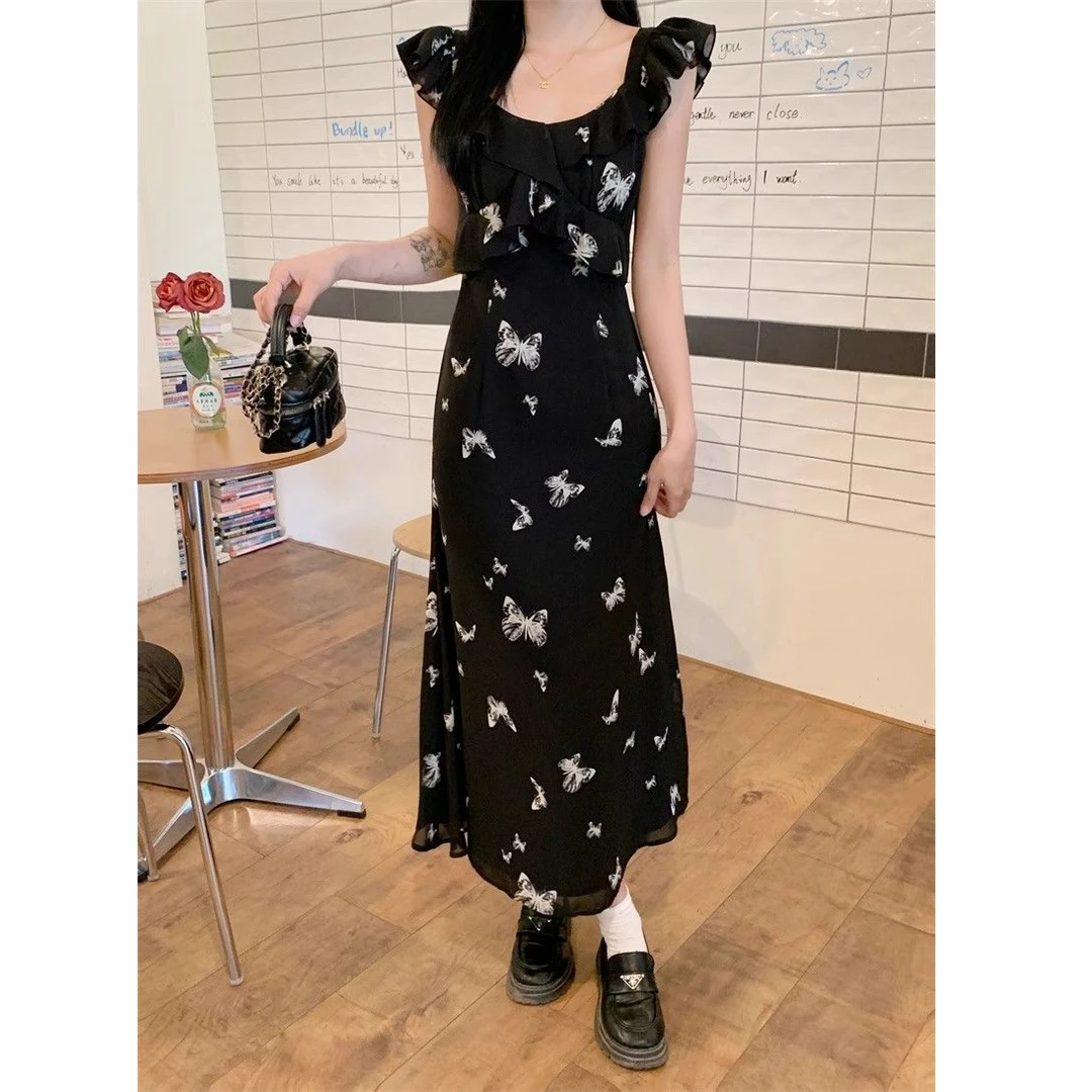 夏日时髦印花黑色大码连衣裙胖藏肚显瘦赫本风小飞袖女装