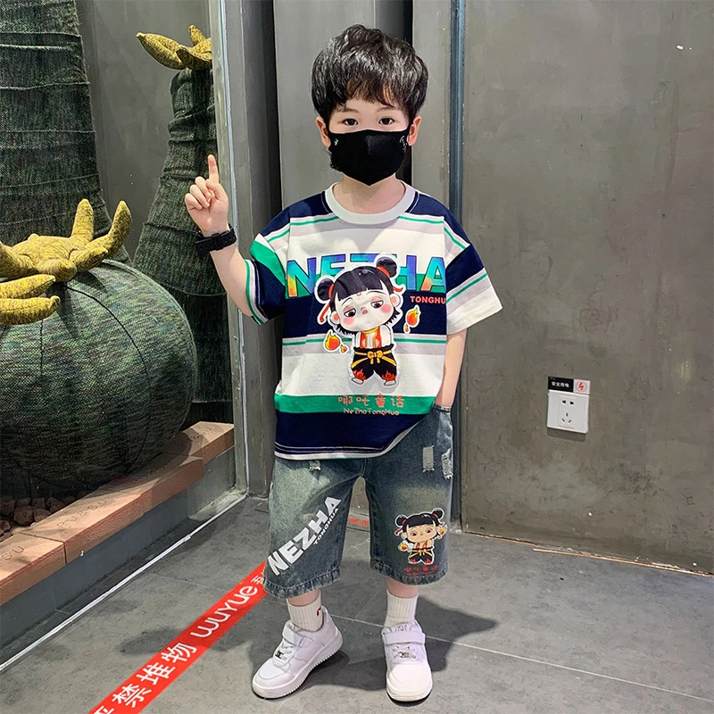 男童夏装套装2025新款痞帅儿童宝宝短袖时髦牛仔短裤男孩哪咤衣服