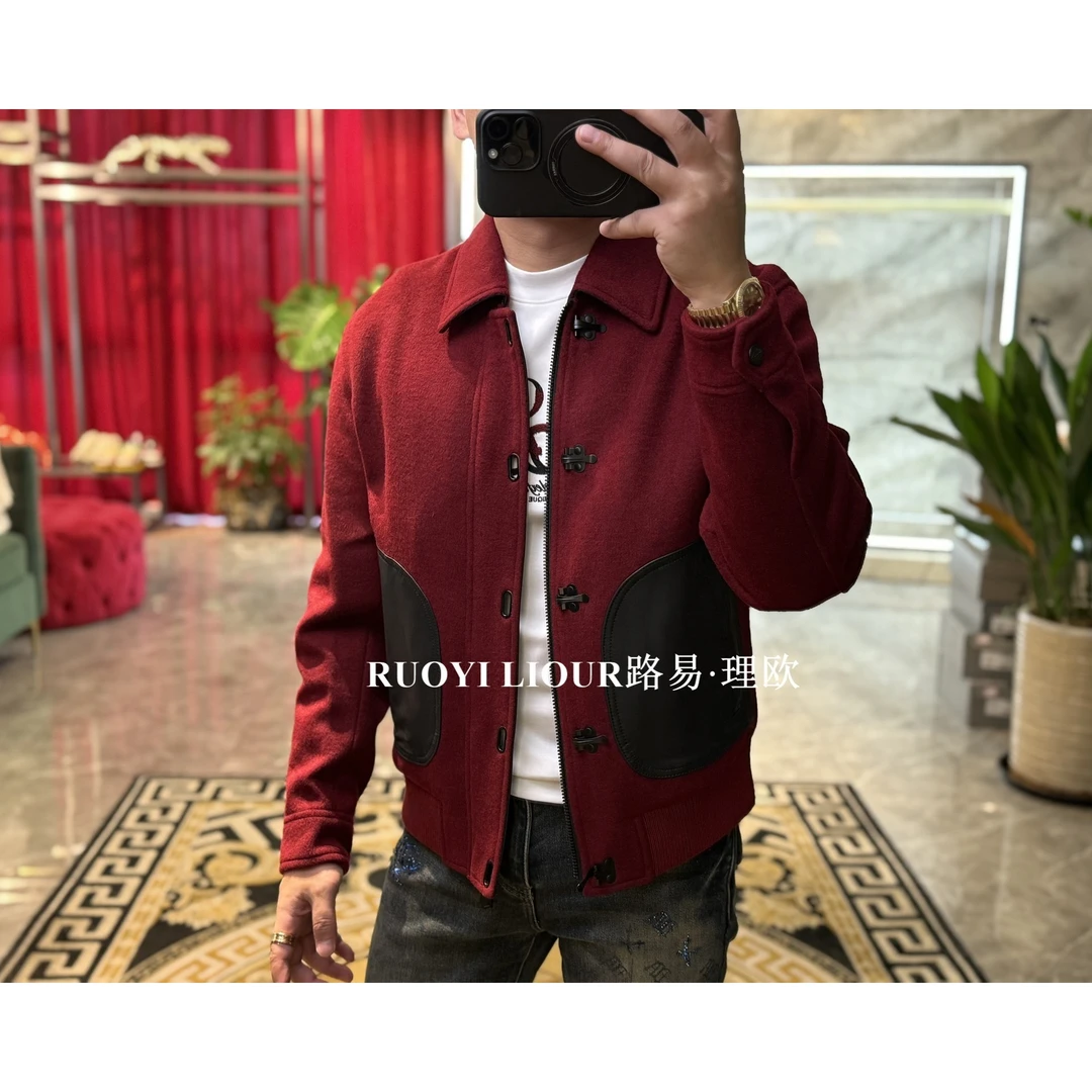 【路易理欧】新款欧货高端轻奢男士羊皮革拼接羊毛夹克外套0717