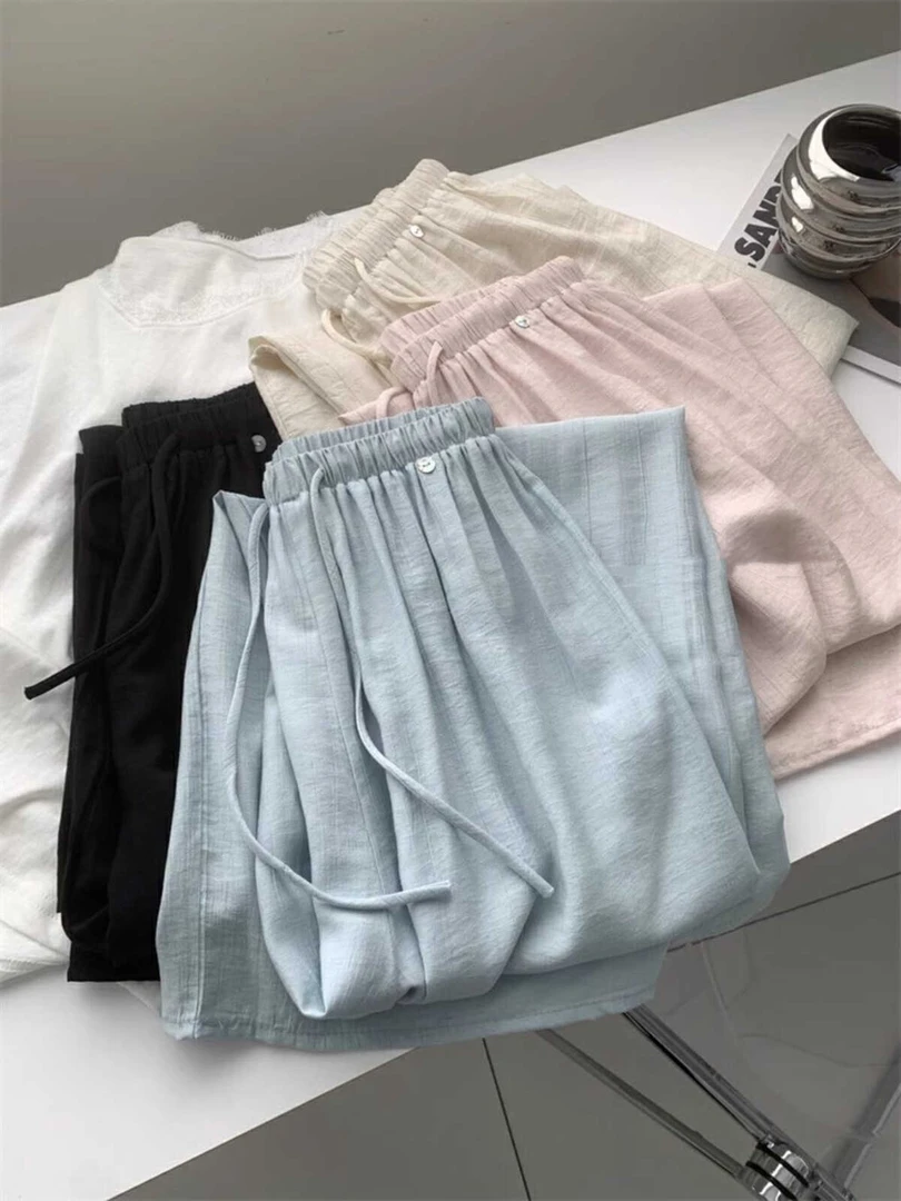 【垂感透气亚麻裤女韩系贝壳扣高腰休闲裤夏季薄款凉凉亚麻阔腿裤