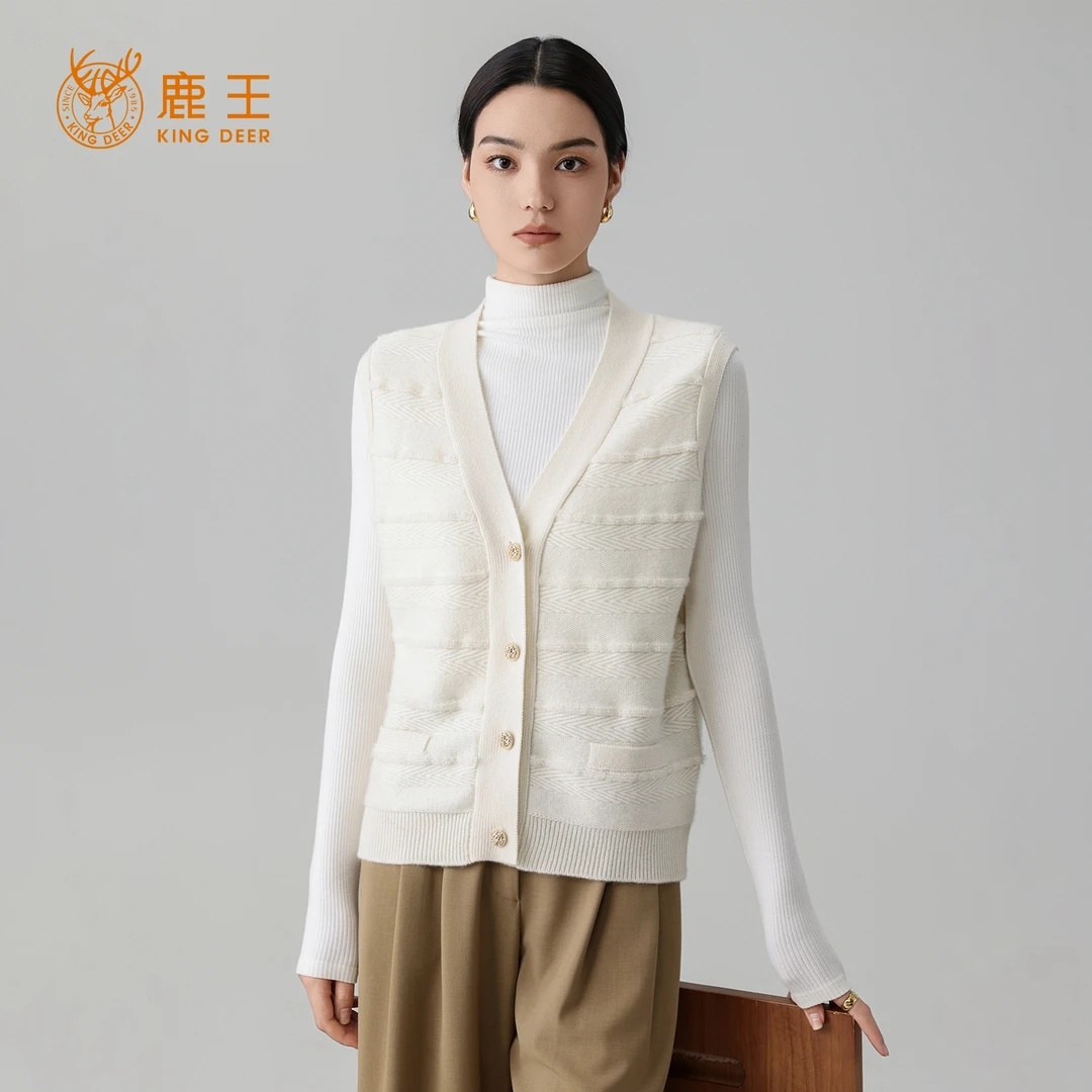 鹿王25秋冬新款女V领100山羊绒休闲百搭针织开衫背心 加厚 PS167
