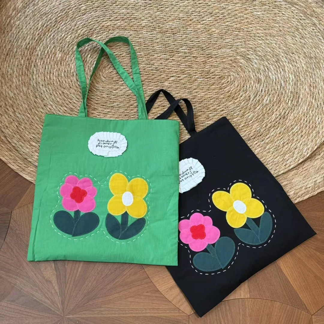 MYL 2025夏季新品纯棉绿色绣花手提袋时尚花朵单肩包布袋