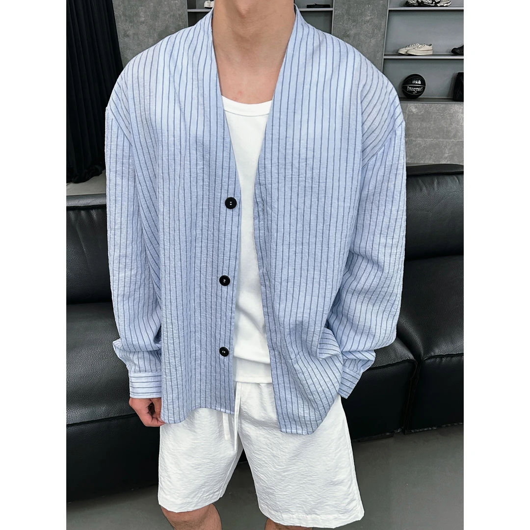 春夏男女长袖V领衬衫简约百搭条纹衬衣宽松休闲痞帅高级感上衣