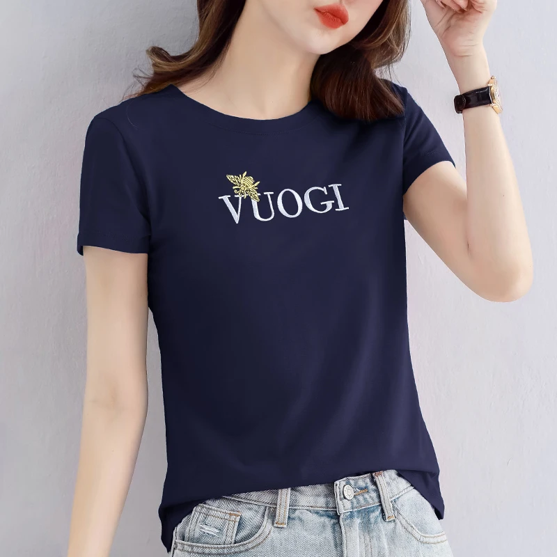 圆领刺绣短袖t恤女2025夏季新款修身正肩高端遮肉显瘦半袖上衣衫